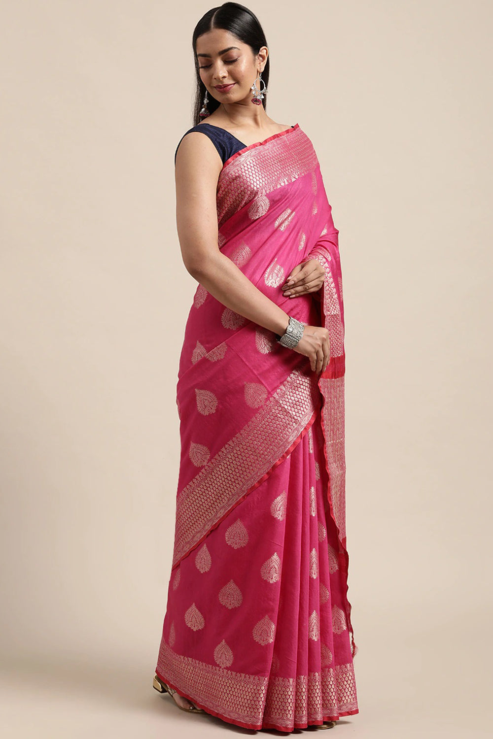 Pink Banarasi Cotton Silk Saree with ...